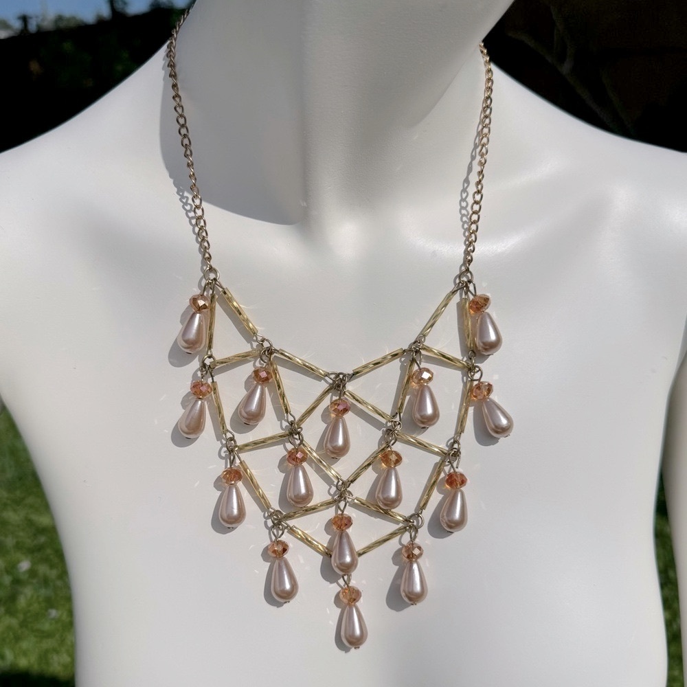 Handmade Bib necklace.Feminine faux pink pearls and orange beads.Costume jewelry
